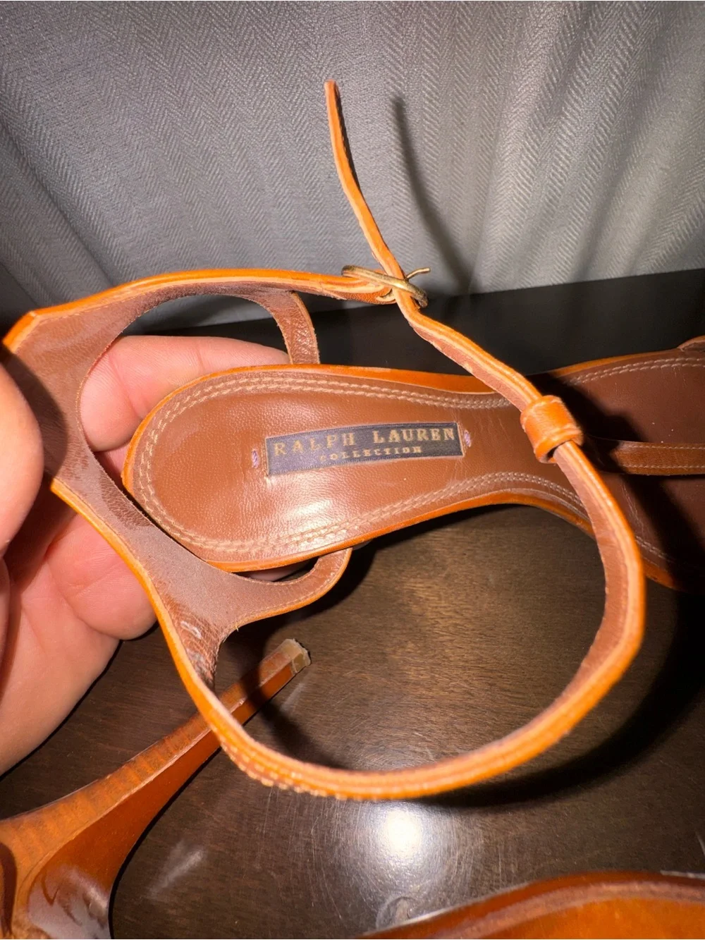 Ralph Lauren Cognac T-Strap Leather High Heels